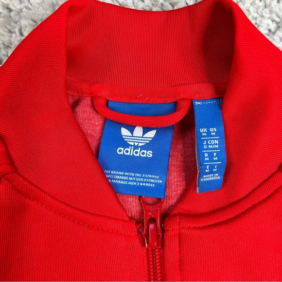 Adidas Jacket Mens Medium Red with 3 Stripes Pockets Varsity Classic Streetwear - Picture 2 of 4